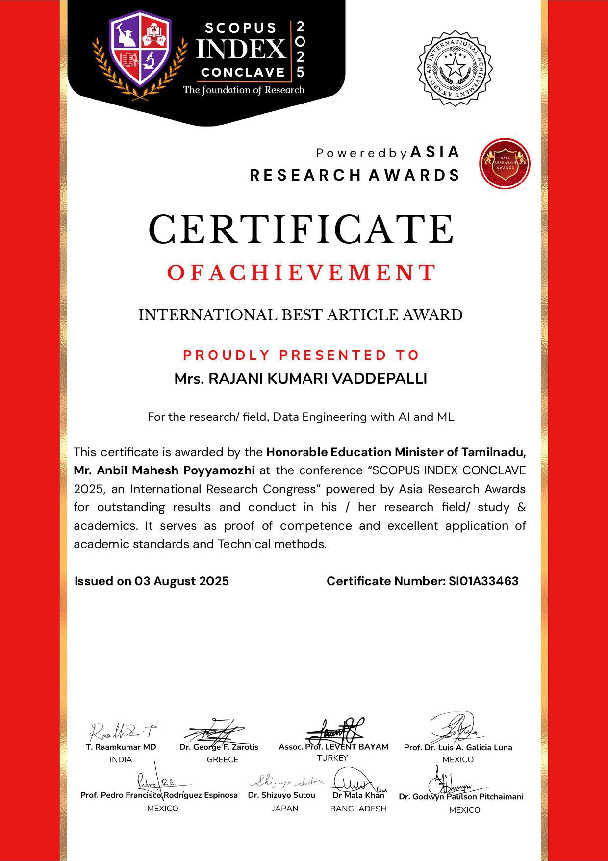 Scopus Index - Award Certificate - Rajani Kumari Vaddepalli