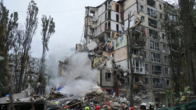 In a Horrific Wave of Strikes Throughout Kyiv, a Russian Drone Crashes into a Block of Apartments